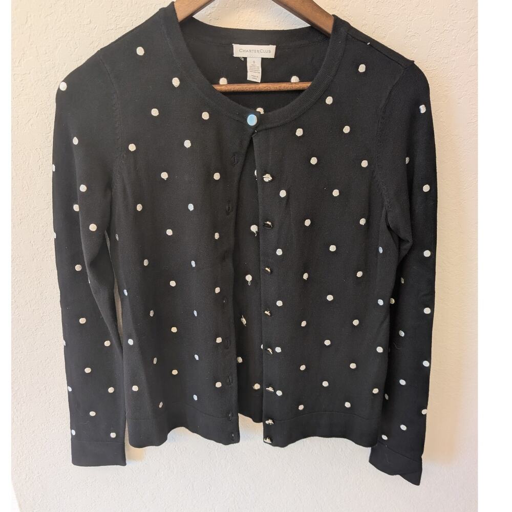 Charter Club Black & White Knit Polka Dot Cardigan Sz S